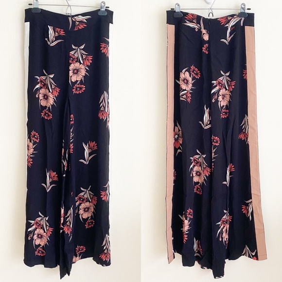 Eva Longoria Floral Ribbon Stripe Wide Leg Crepe Trouser Pant Black Pink 6 - Picture 2 of 12